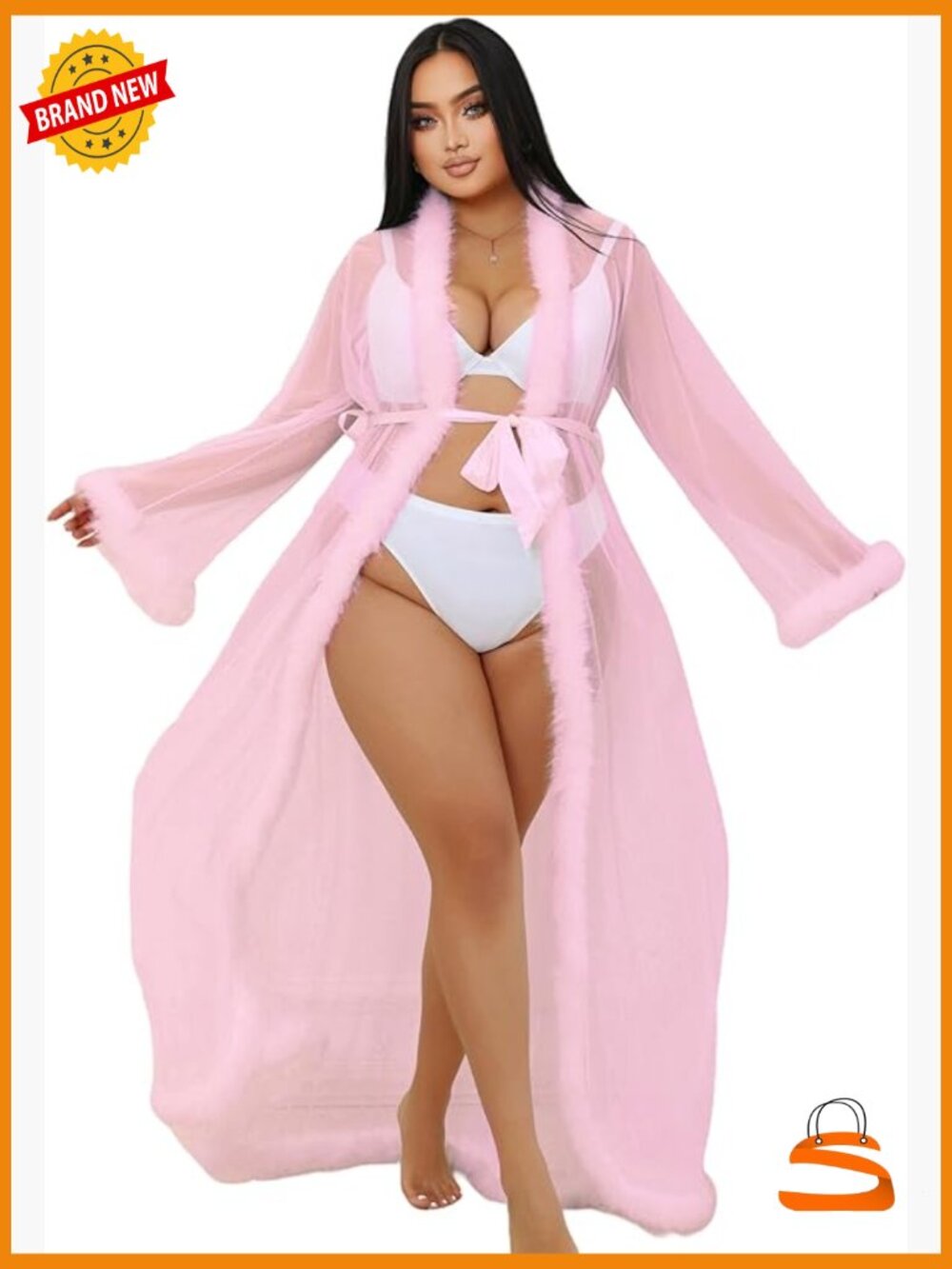 Lace Gown Kimono Robe with Faux Fur Trim Sexy Cover Up Bride Bathrobe